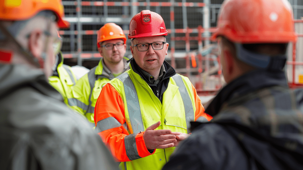 construction manager talking at a team meeting on a construction site