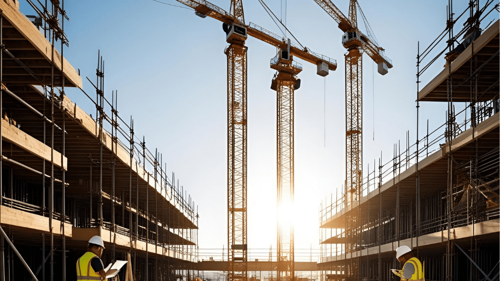 Large construction site at sunset